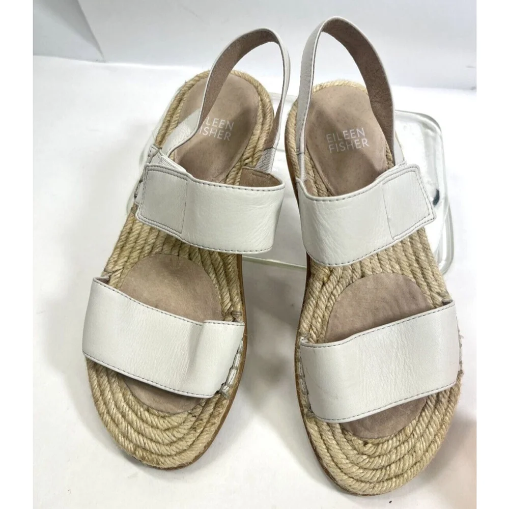 Eileen Fisher Max Espadrille Flat Sandals‎ Size 6 US Open Toe Leather Neutral
